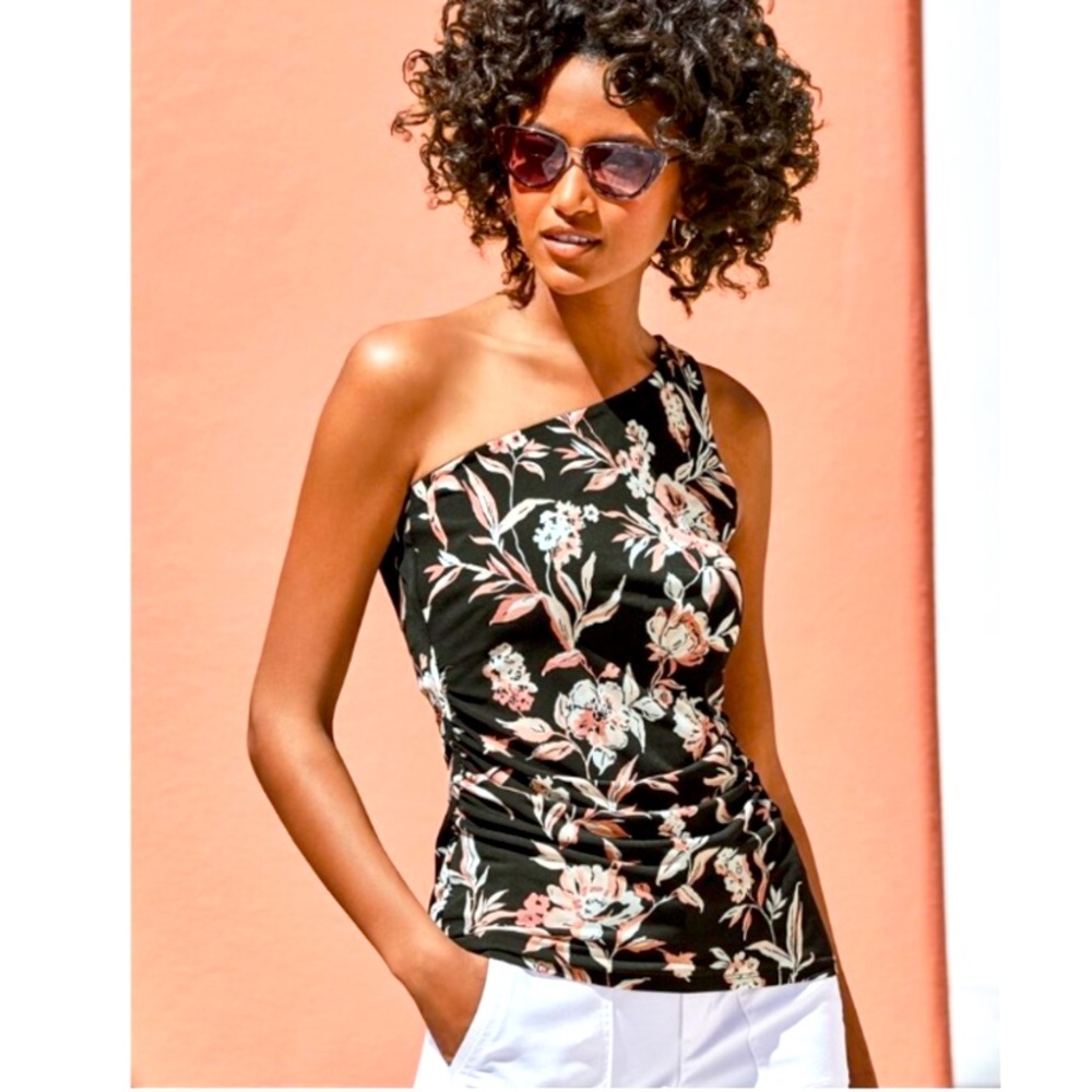 White House Black Market One Shoulder Floral Top with Ruched Sides